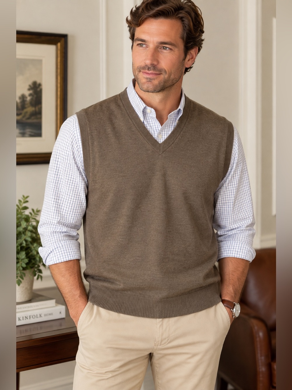 Brooks Brothers 346 Merino Wool V Neck Sweater Vest Heather Brown XL